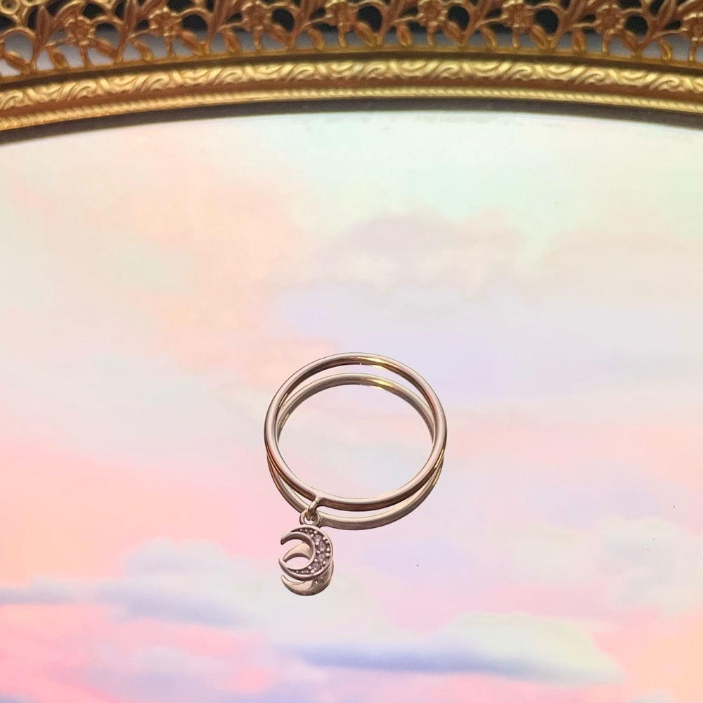 Sterling silver dangle moon sparkly star stacking ring